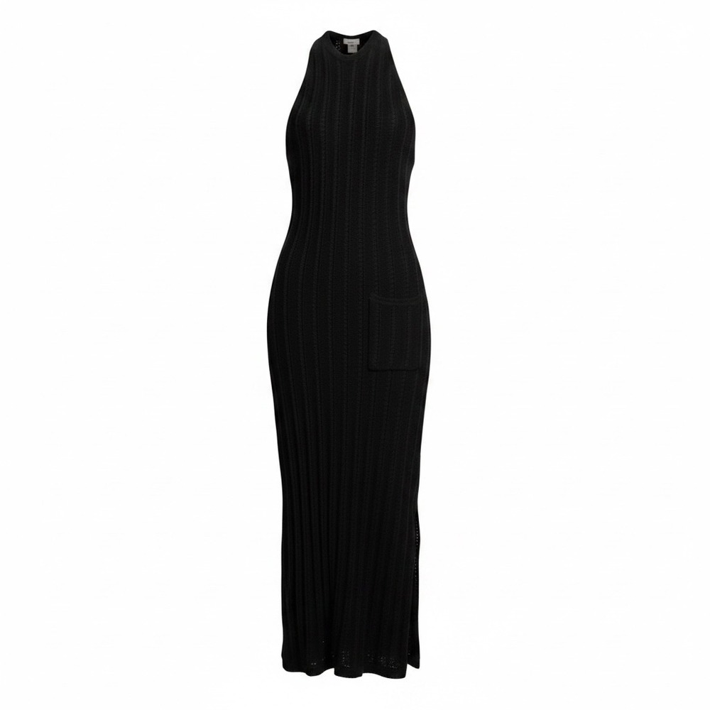 Ganni Maxi Dress Women Black Ribbed Knit Halter Open Back Pocket Detail